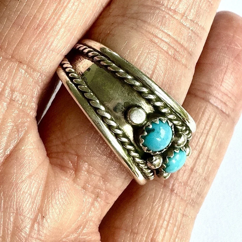 Navajo Turquoise Mens‎ Band Sz 12 Ring 13mm Three Stone Sterling Native Rope